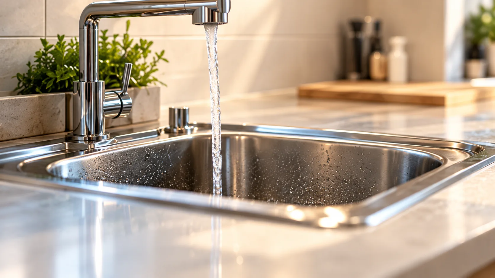 Küchenspüle mit laufendem Wasser – Küchenabfluss verstopft